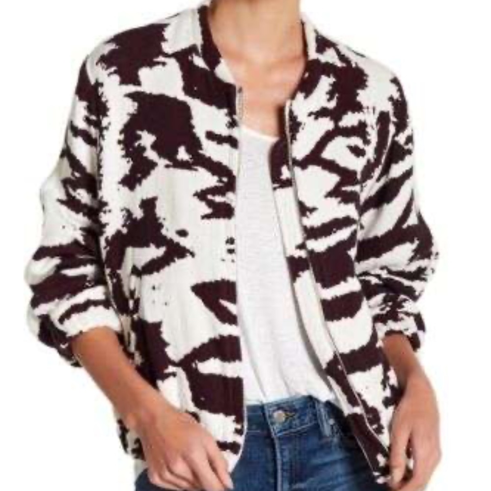 IRO Irenise Ecru/Burgundy Patterned Bomber Jacket Women Size US4